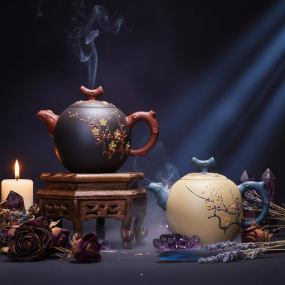 Two ceramic teapots with decorative elements on a wooden surface with a dark background and greenery.