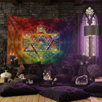 A large wall tapestry featuring a colorful rainbow gradient and a central geometric star design, displayed in a styled room setting with a wooden floor, black floor lamp, and picture frame.