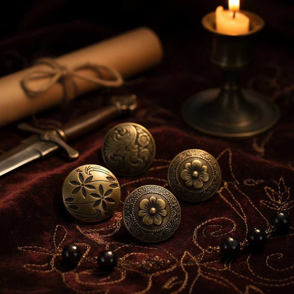 Six round antique bronze decorative buttons with intricate floral and scroll engravings, arranged on a plain white background.