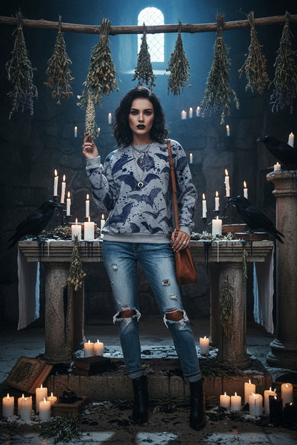 Halloween Bat Print Long Sleeve Sweatshirt for Women Sorceress Sanctuary
