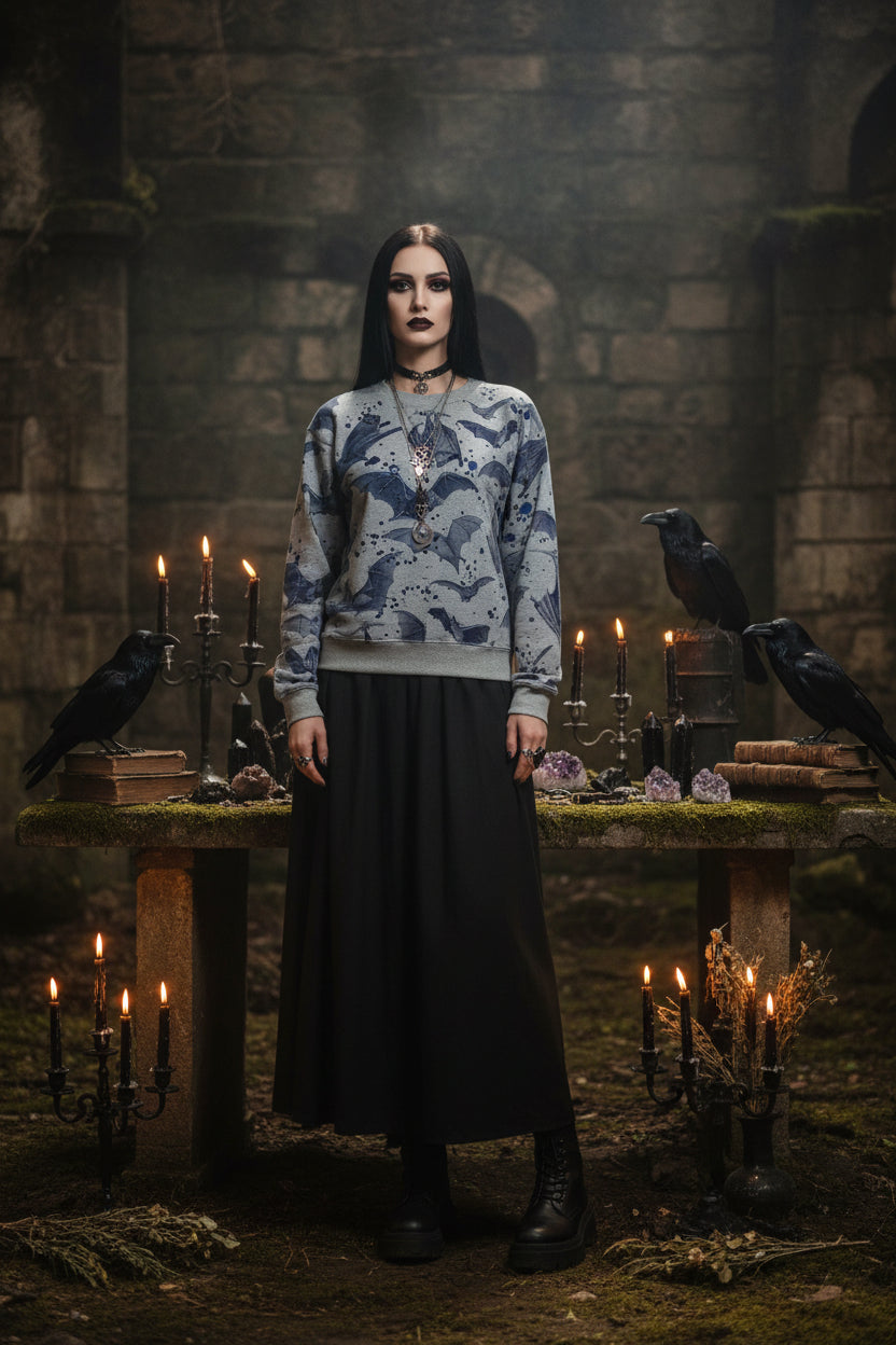 Halloween Bat Print Long Sleeve Sweatshirt for Women Sorceress Sanctuary