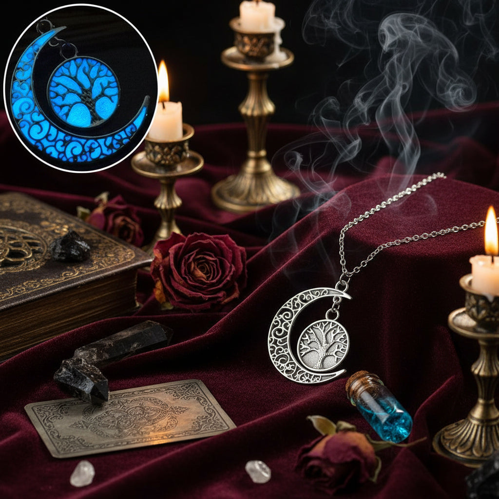 Silver crescent moon necklace with tree of life design, glowing blue in dark.