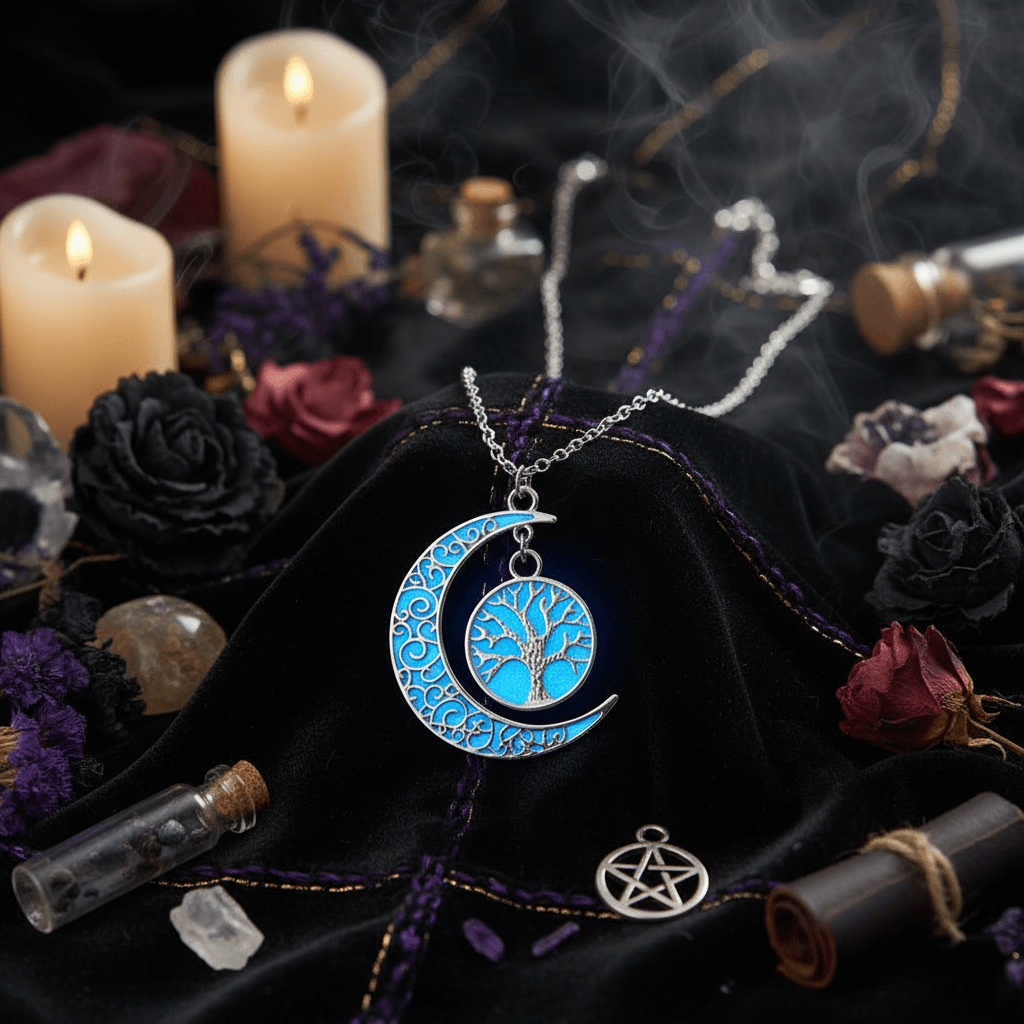 Silver crescent moon necklace with tree of life design, glowing blue in dark.
