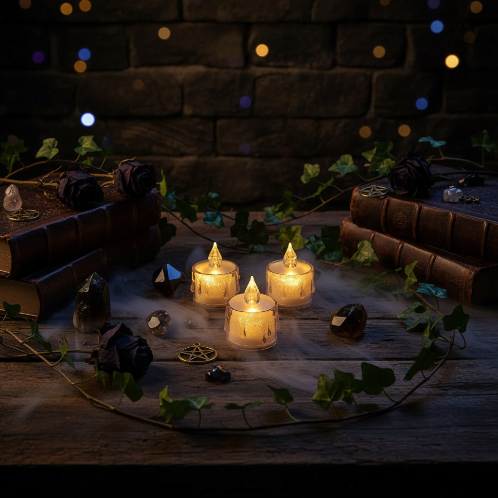 Three small flameless LED tea light candles with clear glass holders and glowing yellow wax, styled on top of books against a dark background.