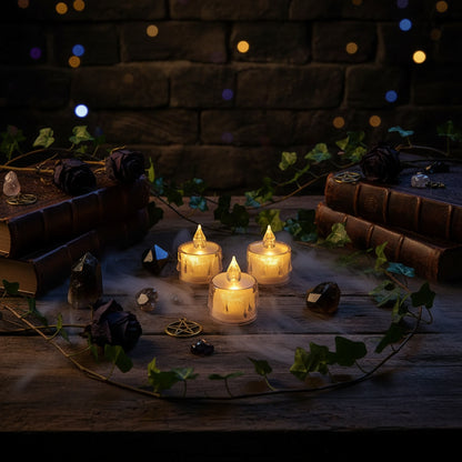 Three small flameless LED tea light candles with clear glass holders and glowing yellow wax, styled on top of books against a dark background.
