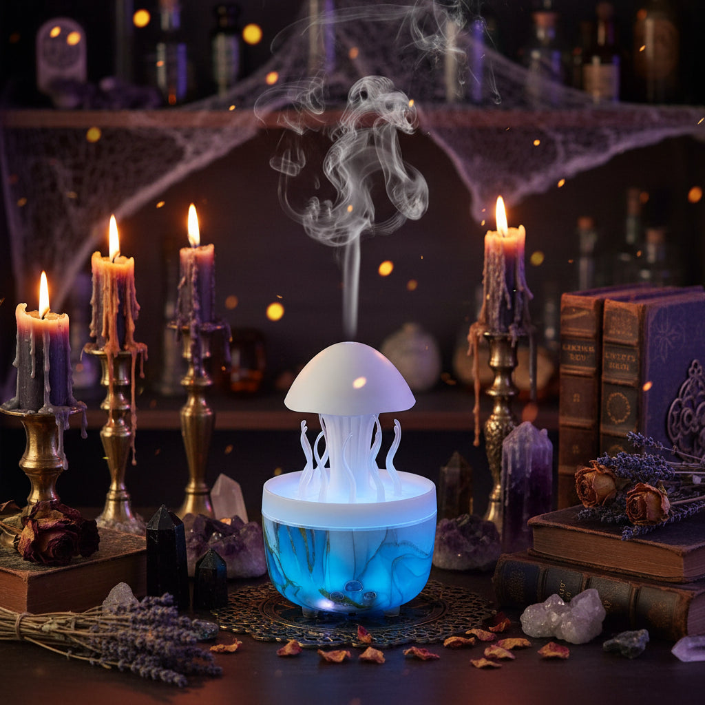 A jellyfish-shaped humidifier and diffuser sitting on a wooden table, emitting a misty stream from a white dome top into a blue water-filled base. A blurred office chair and laptop are in the background.