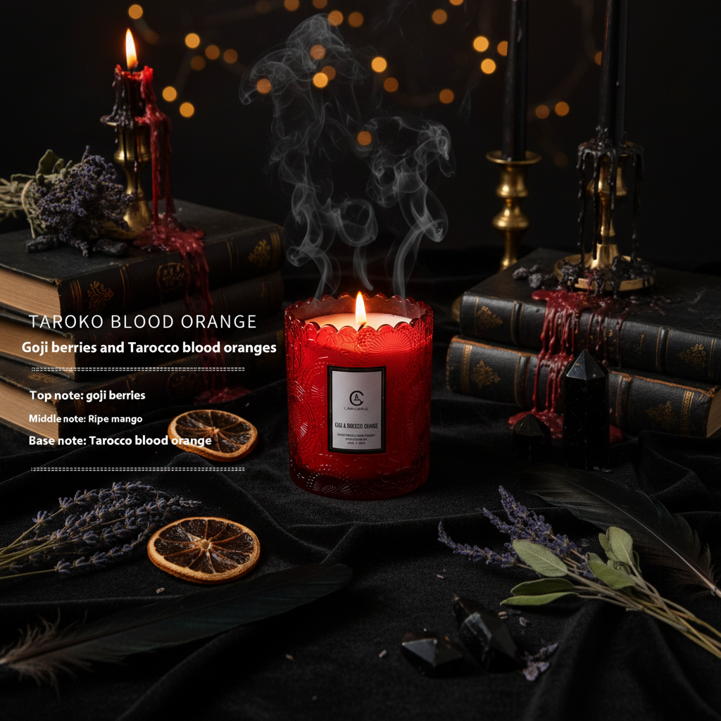 Red candle with a label on a white background
