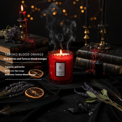 Red candle with a label on a white background