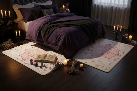A rectangular cream-colored rug with a pink and red cartoon umbrella, candles, bunnies, and the text 'CUTE OR NOT' lies on a light wood floor next to a bed with white lace bedding. A 'Cute Or Not' brand logo is visible in the top left corner.