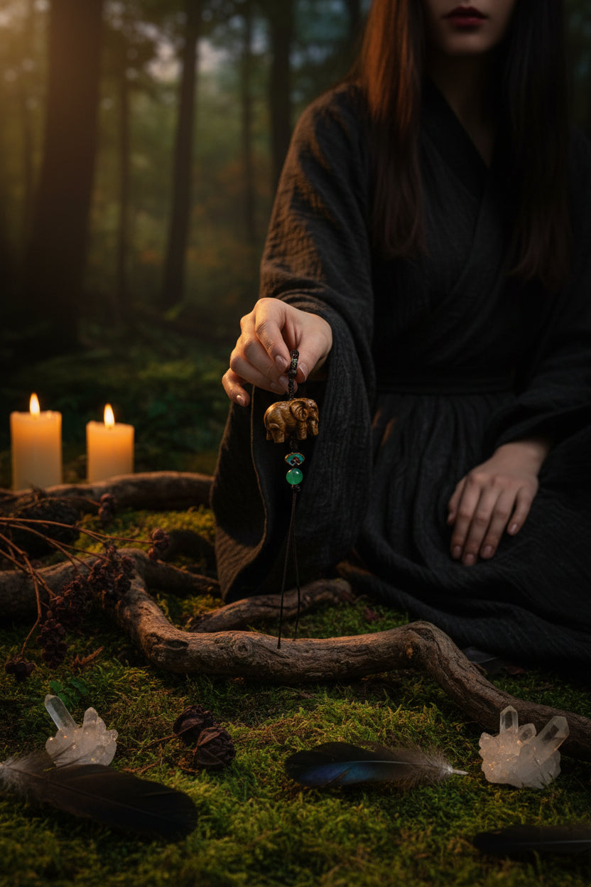 A hand holding a small carved elephant pendant with a green bead and tassel, set against a background of green leaves.