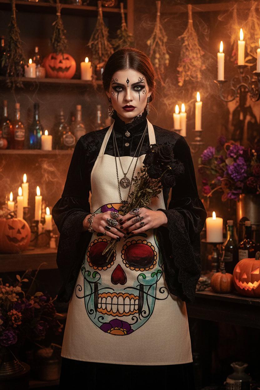 Beige apron with a colorful sugar skull design on a white background