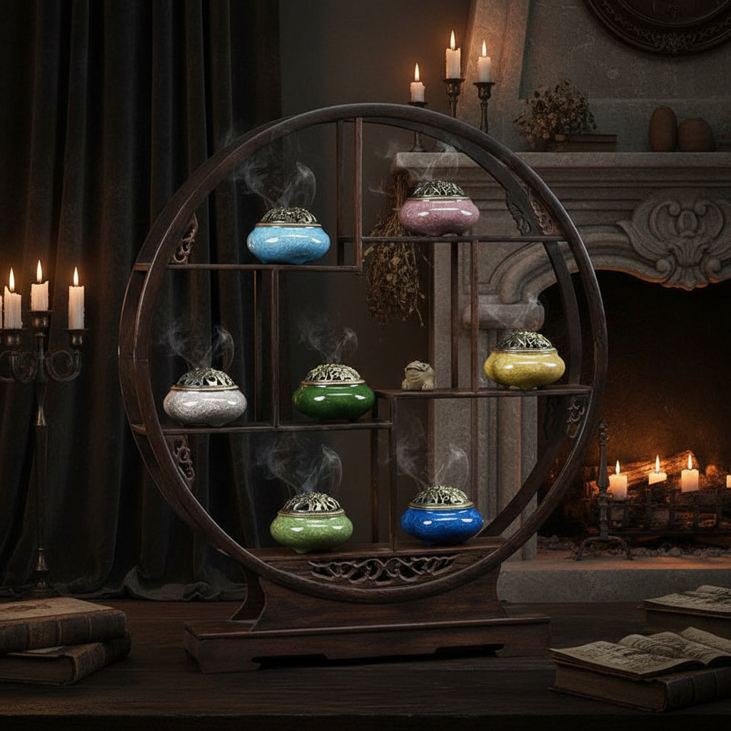 Decorative wooden shelf with colorful ceramic incense holders on a dark background