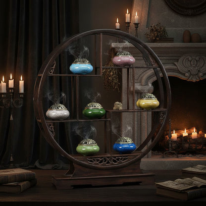 Decorative wooden shelf with colorful ceramic incense holders on a dark background