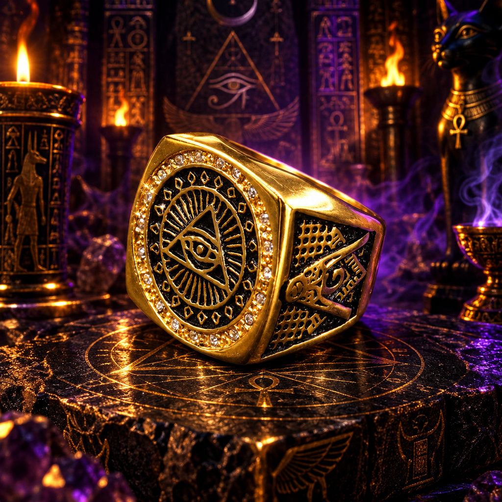 Isis Divine Ring in stainless steel, winged Egyptian goddess motif, front view