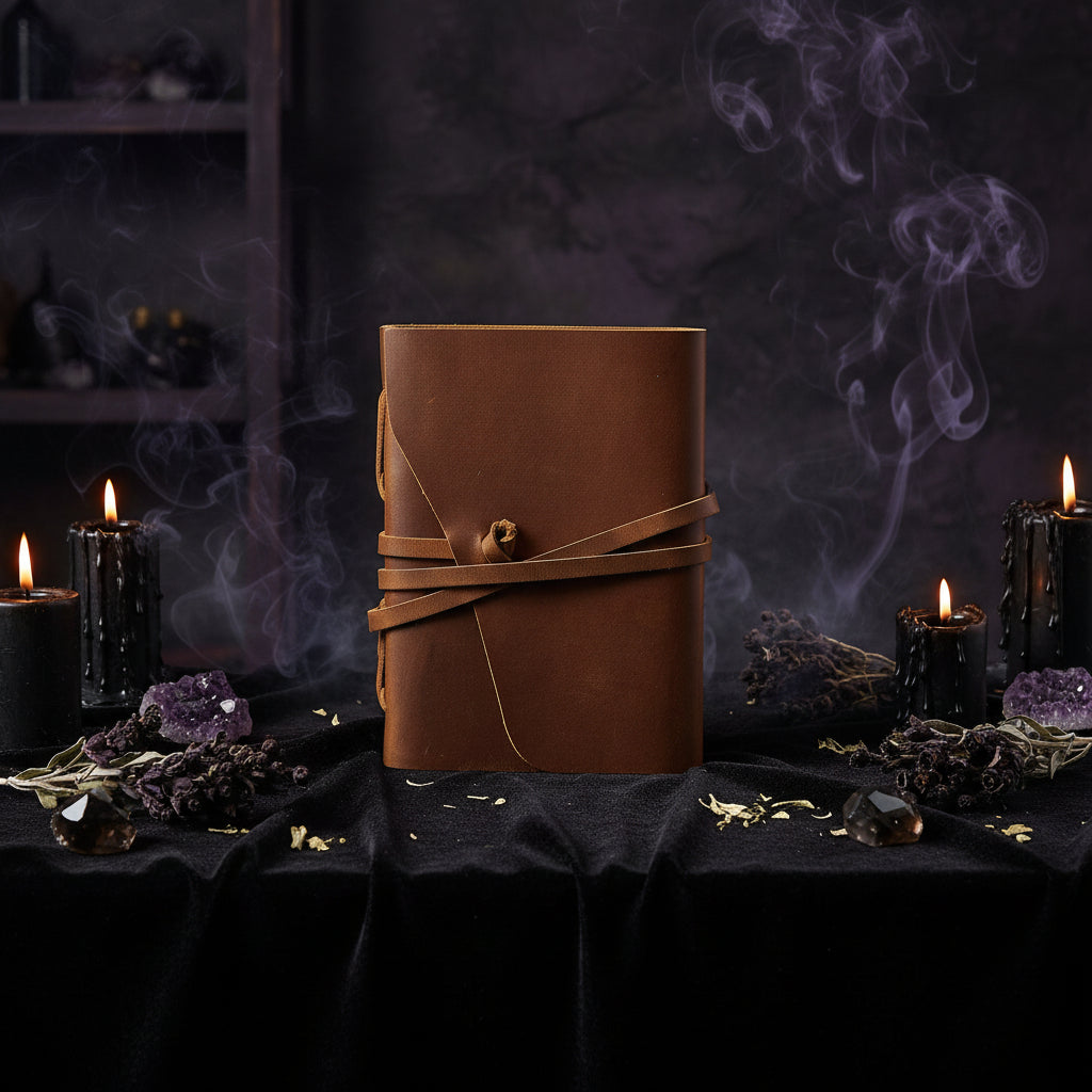 Brown leather-bound notebook with a string closure on a white background