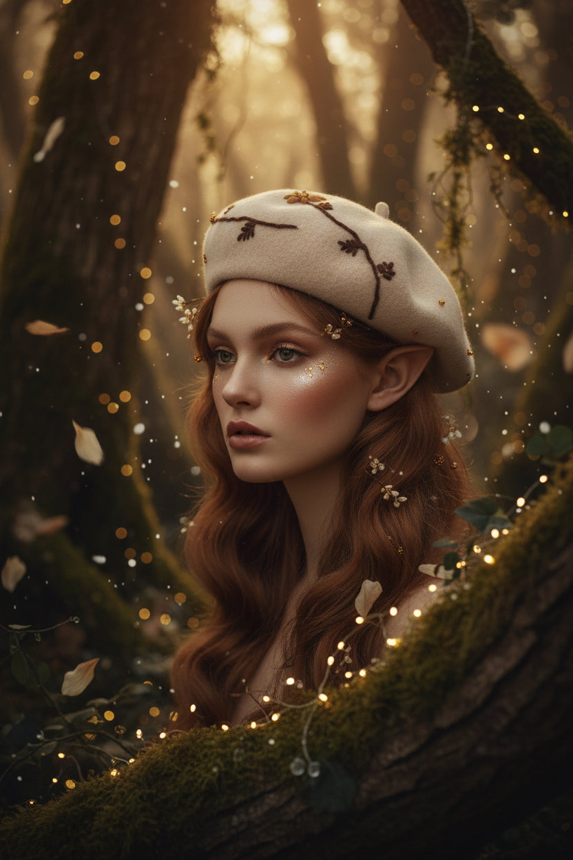 Beige beret with floral embroidery on a magazine