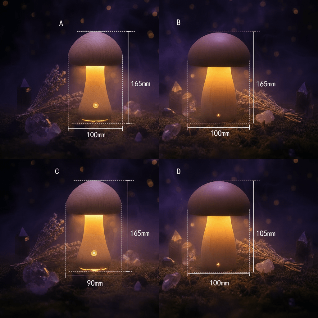 Wooden mushroom-shaped objects with measurements on a white background