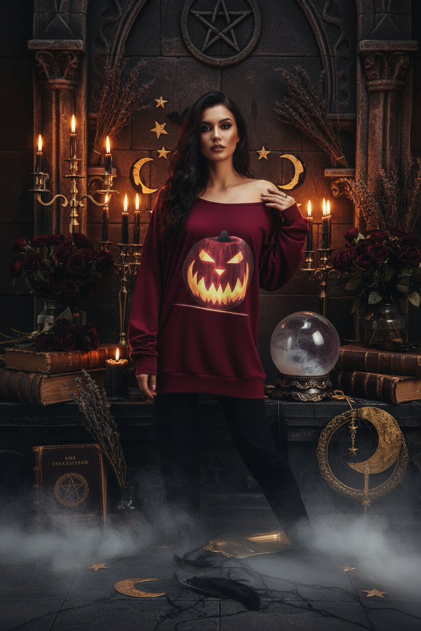 A women's off-the-shoulder long-sleeve sweatshirt in burgundy, featuring a large graphic print of a glowing jack-o'-lantern pumpkin on the front.