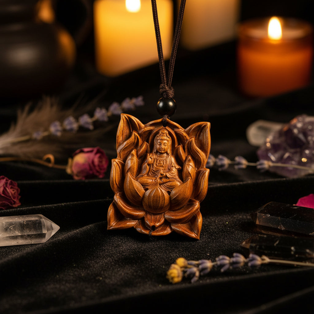 A close-up of a carved wooden pendant depicting a seated Buddha figure surrounded by lotus petals, hanging from black beads on a string. The pendant is shown resting on a wooden surface with a dark bowl and dried leaves in the background.