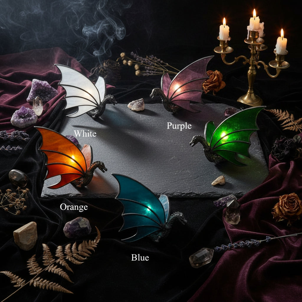Five dragon wing color options labeled White, Purple, Orange, Green, and Blue, shown on a plain white background.