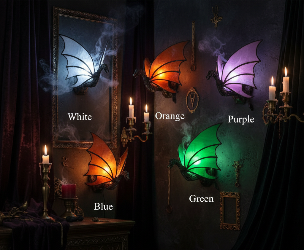 Five dragon wing color options labeled White, Purple, Orange, Green, and Blue, shown on a plain white background.