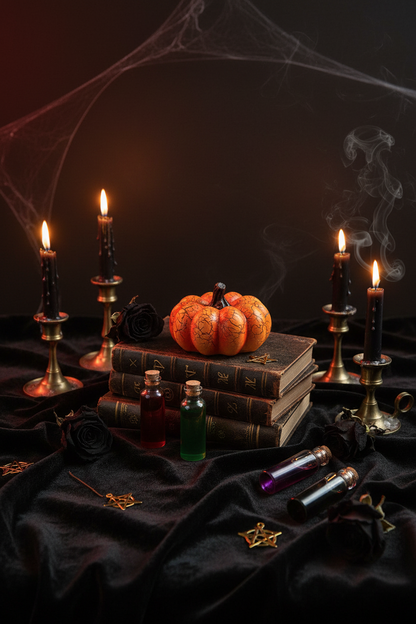 A decorative miniature pumpkin with a cracked orange and yellow glaze and a dark stem, displayed on top of a dark gray box.