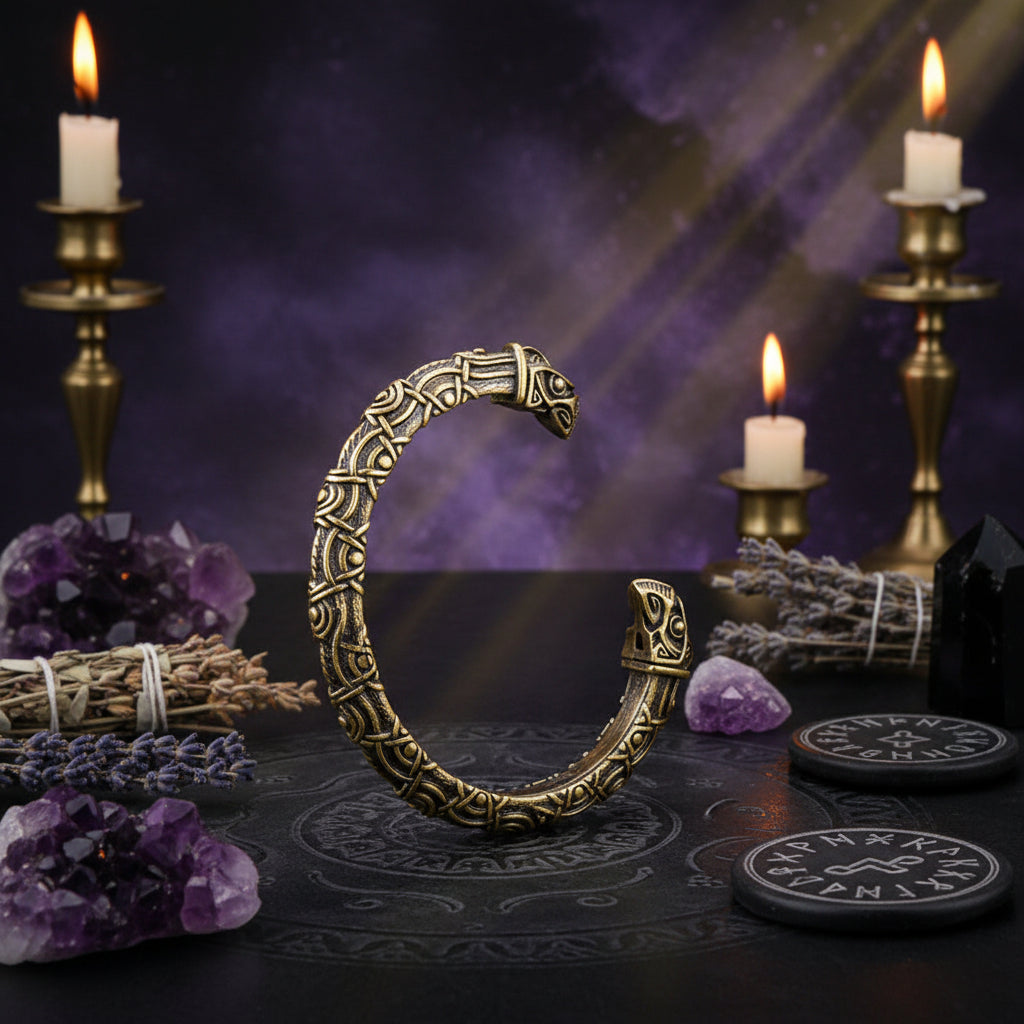 Decorative metal ring with intricate designs on a red textured background