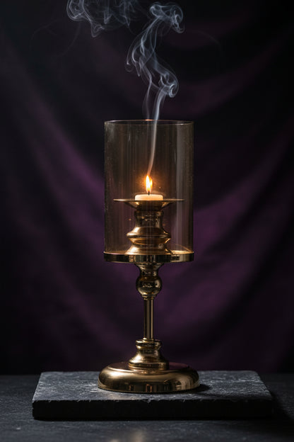 A brass candle holder with a clear cylindrical glass shade, shown against a white background with a black '29 cm' size badge in the top-left corner.