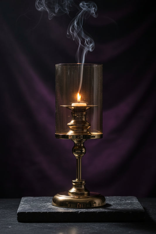 A brass candle holder with a clear cylindrical glass shade, shown against a white background with a black '29 cm' size badge in the top-left corner.