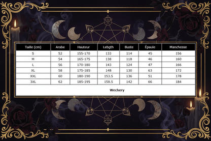 A size chart table for a women's chemise in French, showing measurements from S to 3XL in centimeters for height, bust, and sleeves, with a white background and black text.