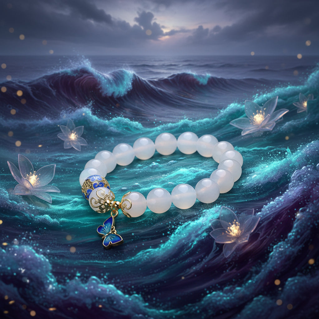 White beaded bracelet with a decorative charm on a wooden surface