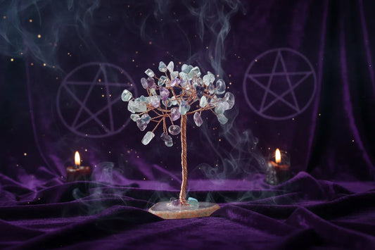 Mystic Crystal Tree - Sorceress Sanctuary Colorful Gem Gravel Tree Agate Sheet Base-Fluorite gravel tree agate sheet base-Amethyst gravel tree agate sheet base-Pink Crystal Weeping Willow Gravel Tree Agate Sheet Base-Aquamarine + Amethyst + Lapis Lazuli Weeping Willow Gravel Tree Agate Piece Base