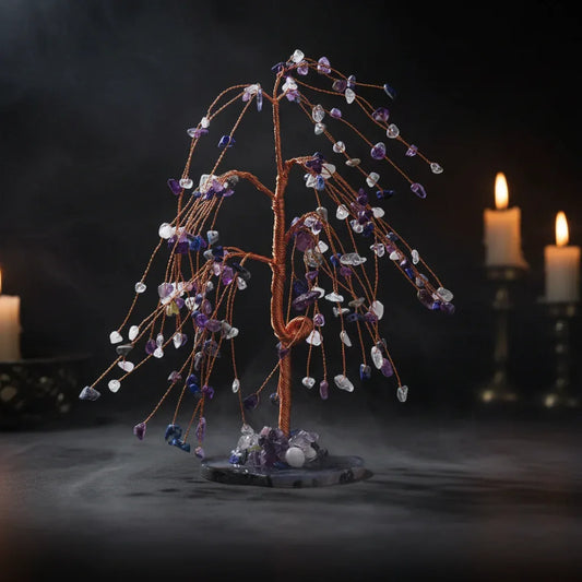 Mystic Crystal Tree - Sorceress Sanctuary Colorful Gem Gravel Tree Agate Sheet Base-Fluorite gravel tree agate sheet base-Amethyst gravel tree agate sheet base-Pink Crystal Weeping Willow Gravel Tree Agate Sheet Base-Aquamarine + Amethyst + Lapis Lazuli Weeping Willow Gravel Tree Agate Piece Base