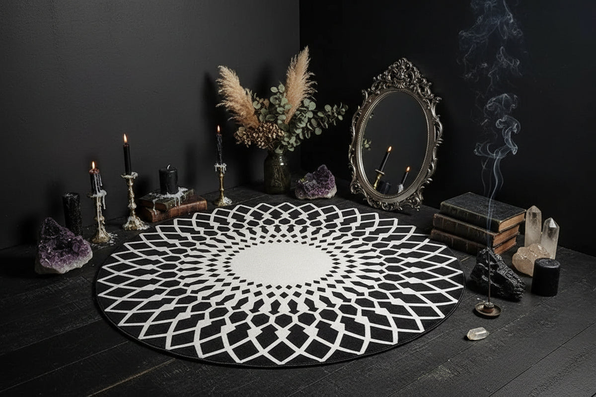Wiccan Nordic Carpet - Sorceress Sanctuary Black and White geometry / 180 * 180cm (Crystal Velvet)-Black and White geometry / 80 * 80cm (Crystal Velvet)-Black and White geometry / 200 * 200cm (Crystal Velvet)-Extremely dark gray / 100 * 100CM (Crystal Velvet)-Black and White geometry / 60 * 60cm (Crystal Velvet)