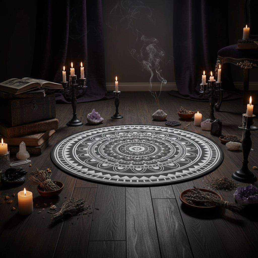 Wiccan Nordic Carpet - Sorceress Sanctuary Black and White geometry / 180 * 180cm (Crystal Velvet)-Black and White geometry / 80 * 80cm (Crystal Velvet)-Black and White geometry / 200 * 200cm (Crystal Velvet)-Extremely dark gray / 100 * 100CM (Crystal Velvet)-Black and White geometry / 60 * 60cm (Crystal Velvet)
