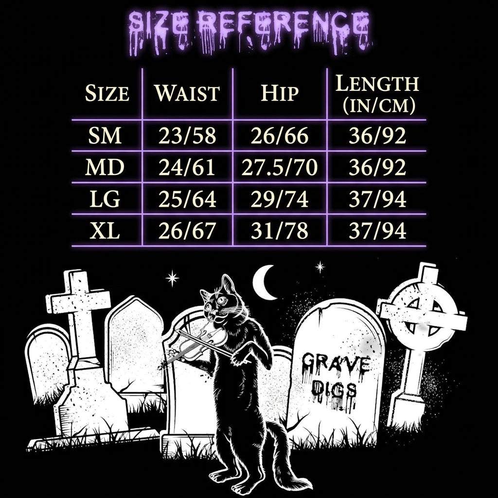 Size reference chart with waist, hip, and length measurements in inches for sizes SM through XL, plus a black-and-white Halloween graveyard illustration below with tombstones and a cat playing a violin.