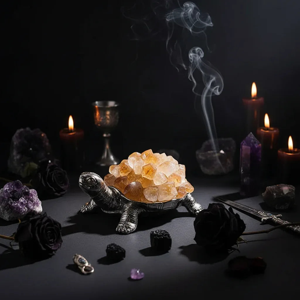 Crystal Turtle Lamp - Sorceress Sanctuary Citrine raw stone (ancient black without light)-White Crystal raw stone (ancient black without light)-Amethyst raw stone (ancient black without light)-Pink Crystal raw stone (ancient black without light)-Strawberry Crystal raw stone (ancient black without light)