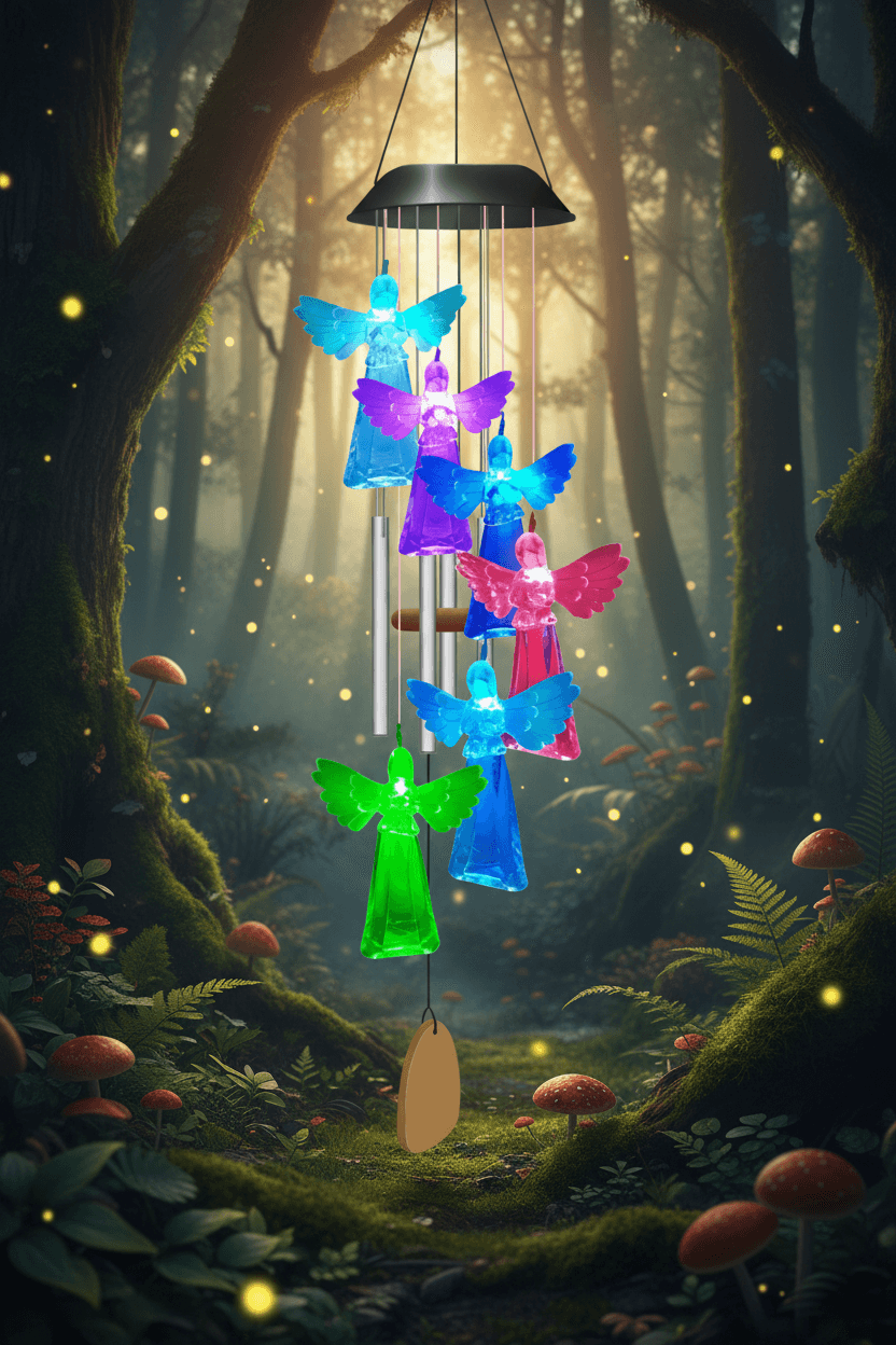 Colorful glass angel wind chime on a white background
