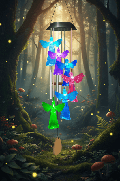 Colorful glass angel wind chime on a white background
