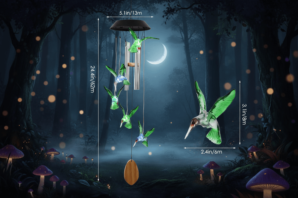 Green glass hummingbird wind chime with measurements on a blue and gray background