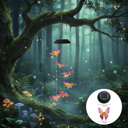 Butterfly-shaped solar wind chime with dimensions on a white background