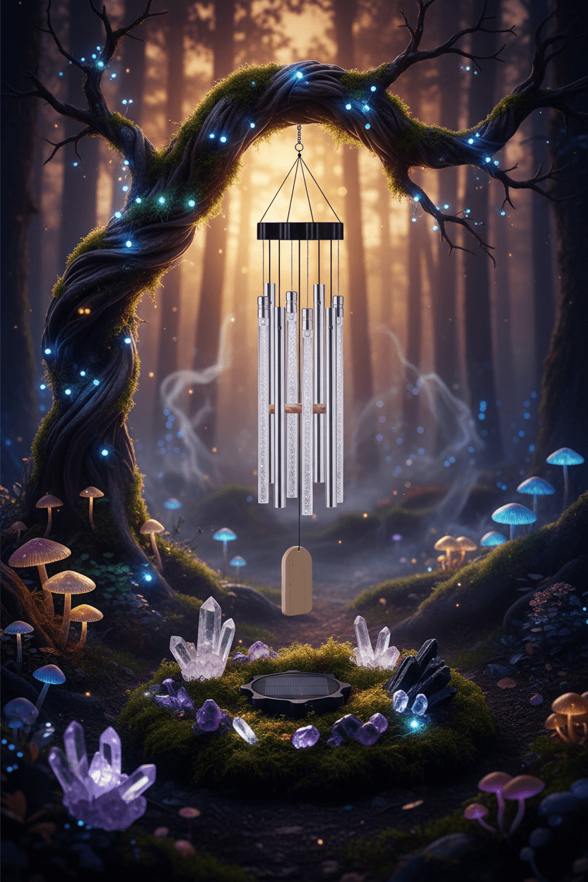 Solar-powered wind chime with features highlighted on a white background