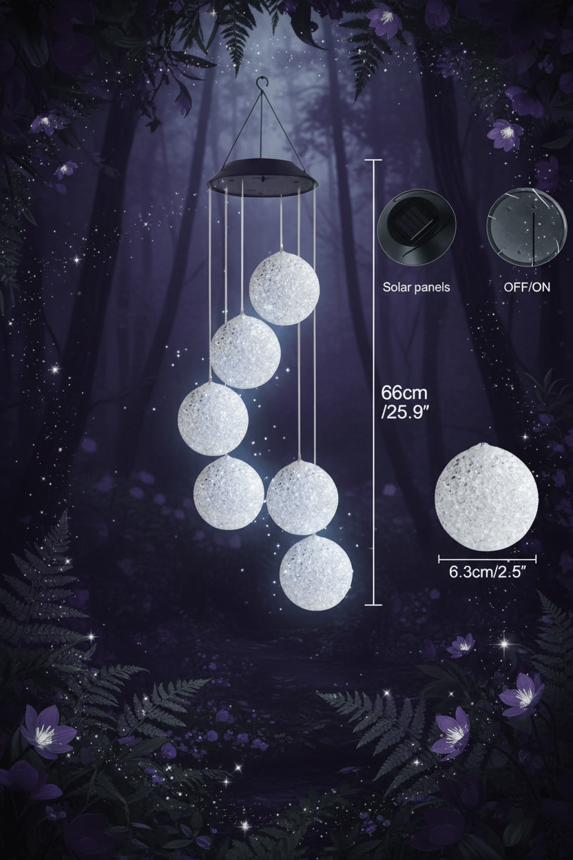 Solar-powered hanging lamp with dimensions and panel indicators on a white background