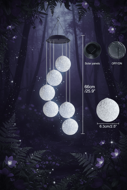 Solar-powered hanging lamp with dimensions and panel indicators on a white background