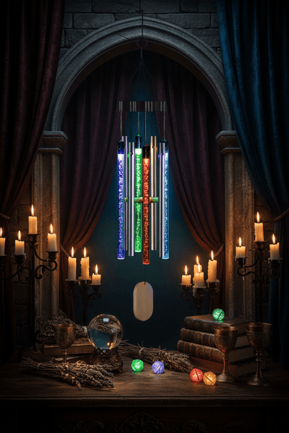 Colorful wind chime with LED lights in a garden setting