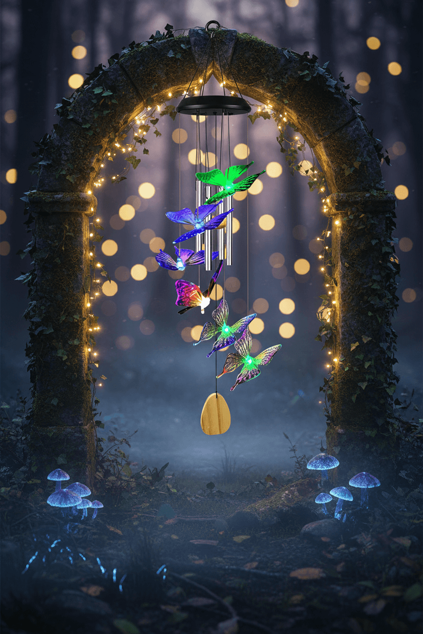 Colorful butterfly-shaped wind chime with a blurred background