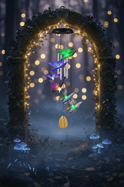 Colorful butterfly-shaped wind chime with a blurred background