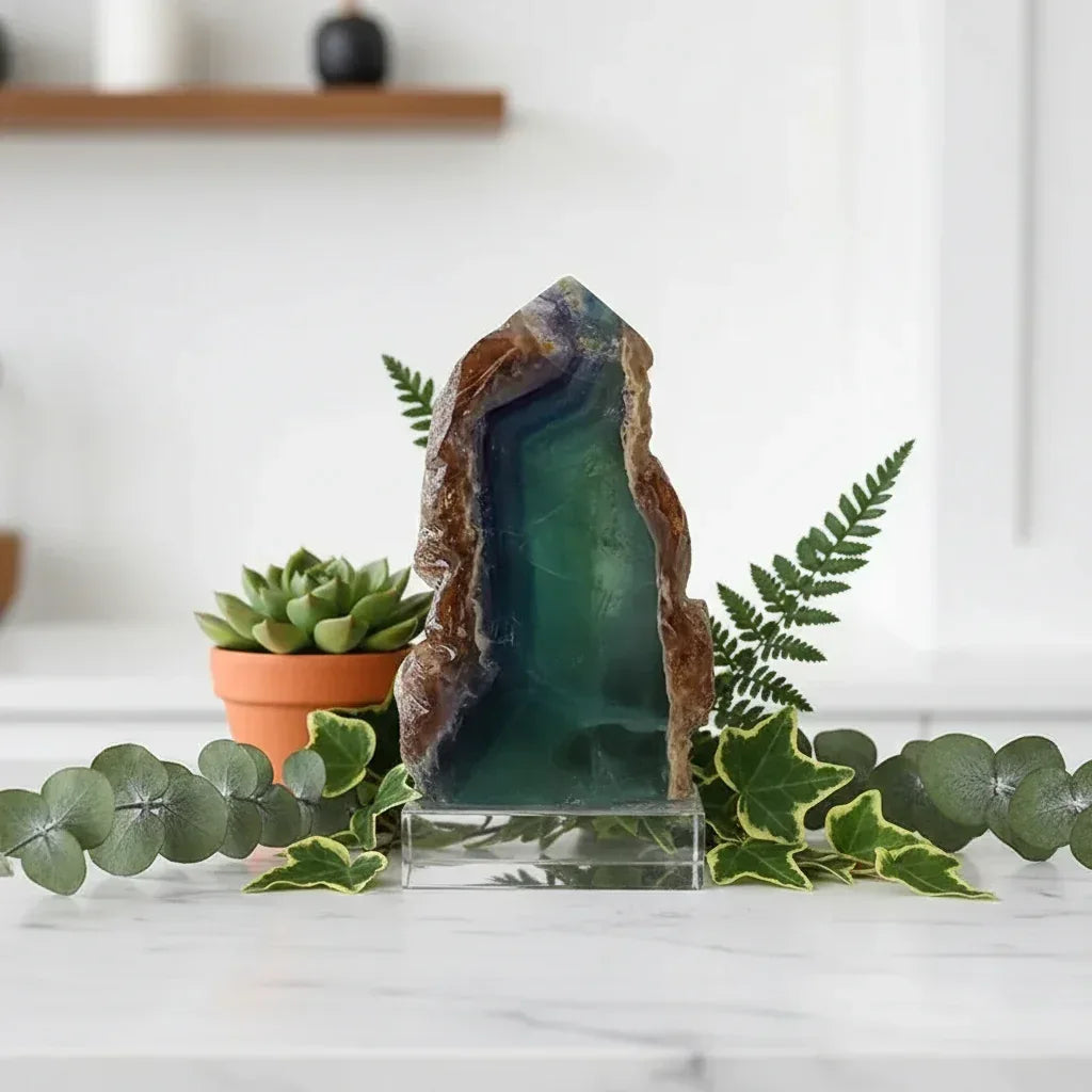 Fluorite Tower - Sorceress Sanctuary Green fluorite with leather Tower column (shipped at random) / 100-200g-Green fluorite with leather Tower column (shipped at random) / 200-300g-Green fluorite with leather Tower column (shipped at random) / 300-400g