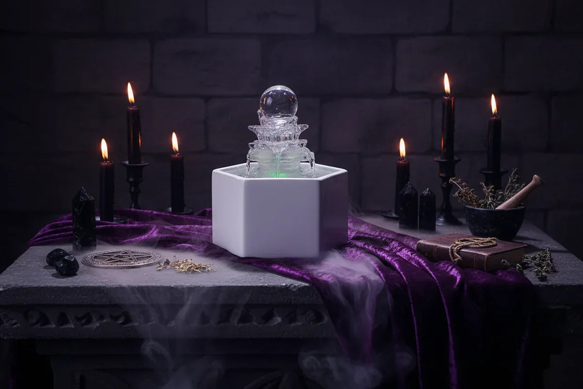 Crystal Water Fountain - Sorceress Sanctuary Pyramid -colored lights-USB plug-Pyramid -colored lights-household electrical plugs-3 Tiered -- warm white lamp-household electrical plug-3 Tiered  -- warm white light-USB plug-Tea Pour Square -colored lights-USB plug