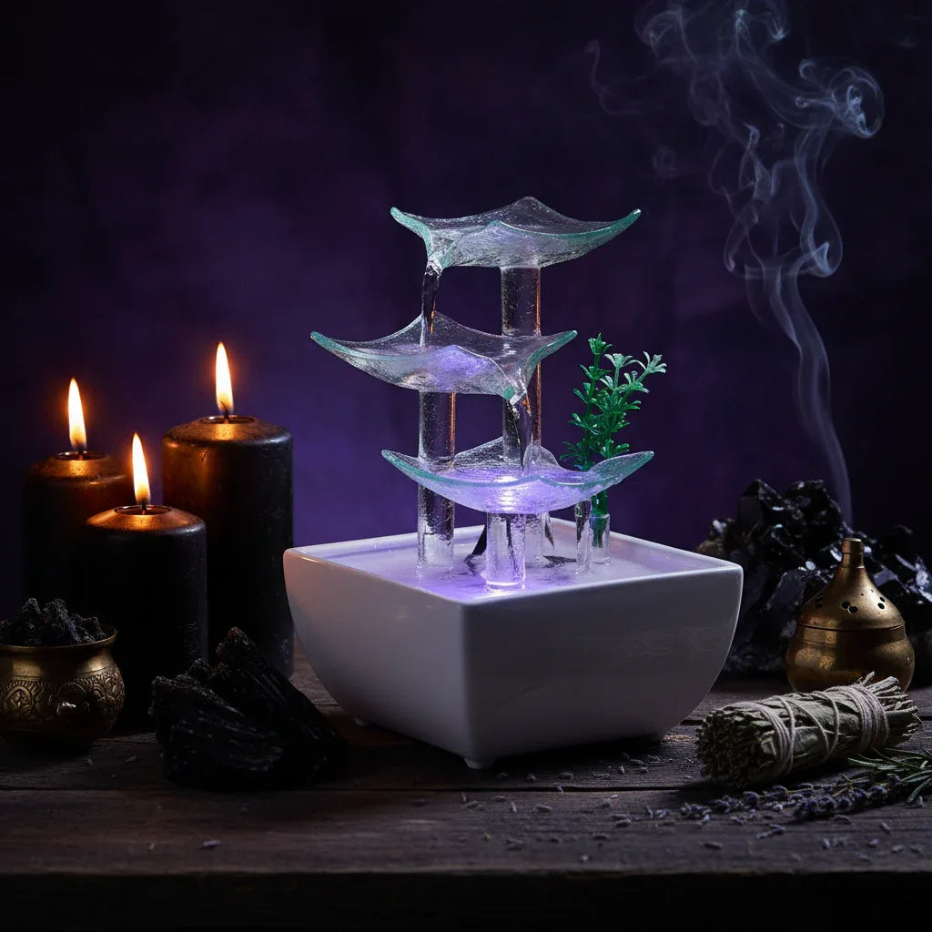 Crystal Water Fountain - Sorceress Sanctuary Pyramid -colored lights-USB plug-Pyramid -colored lights-household electrical plugs-3 Tiered -- warm white lamp-household electrical plug-3 Tiered  -- warm white light-USB plug-Tea Pour Square -colored lights-USB plug